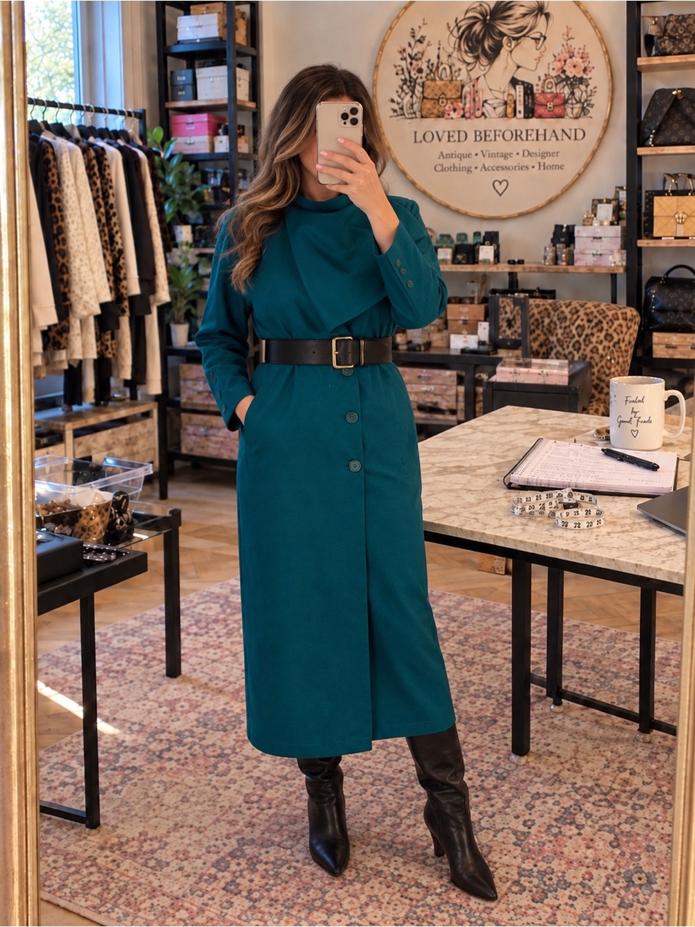 Vintage Harvé Benard Teal Wool Blend Asymmetric Draped Collar Coat